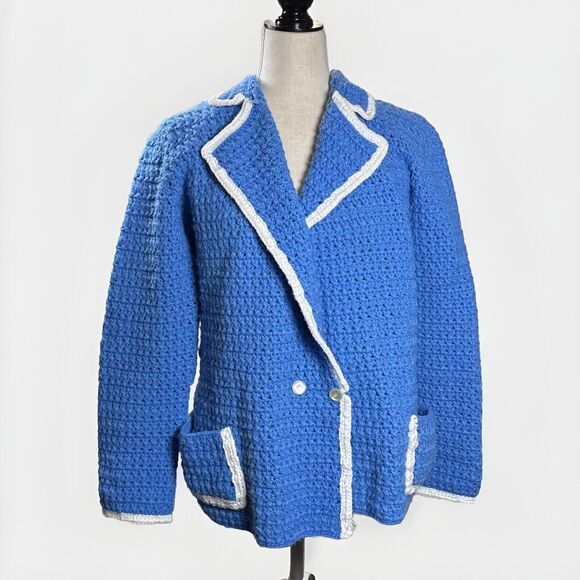 Handmade Crochet Cardigan Jacket Granny Sweater Boho Cottage Unique Blue Artsy - Picture 1 of 11